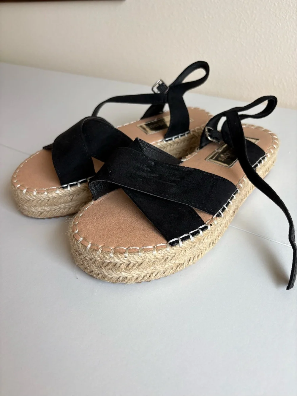 Black Espadrille Platform Sandal with Ankle Tie - Women